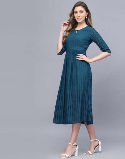 Teal Blue Rayon Plain Flared Dress