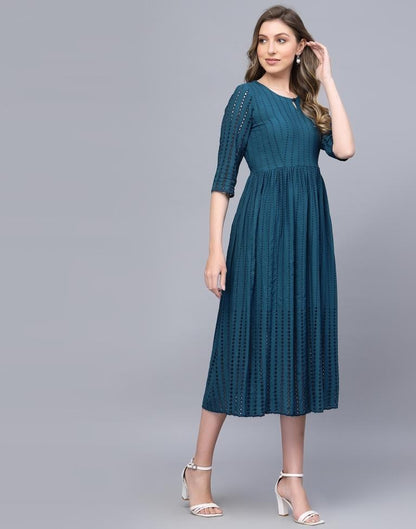 Teal Blue Rayon Plain Flared Dress