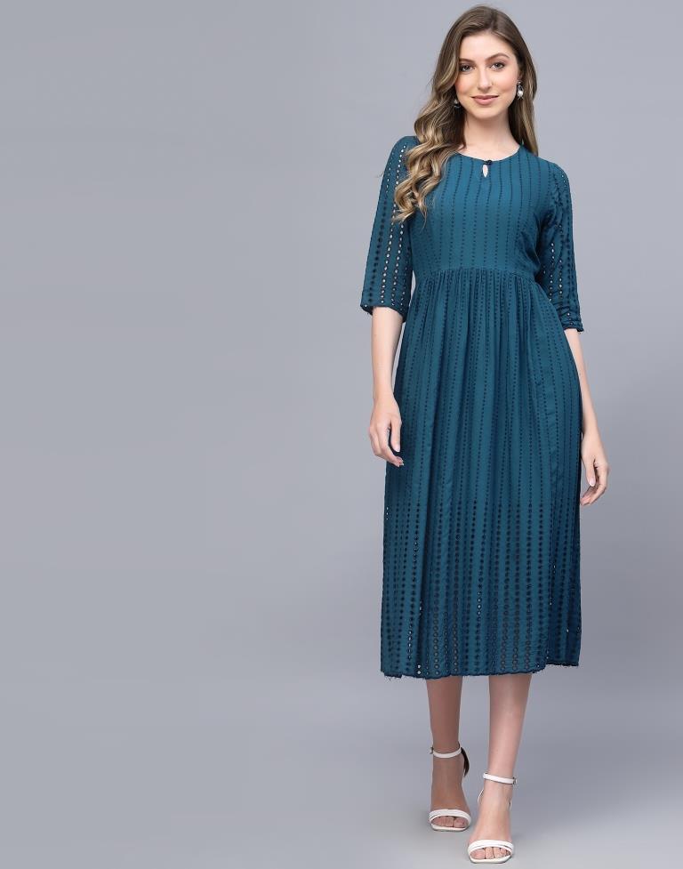 Teal Blue Rayon Plain Flared Dress