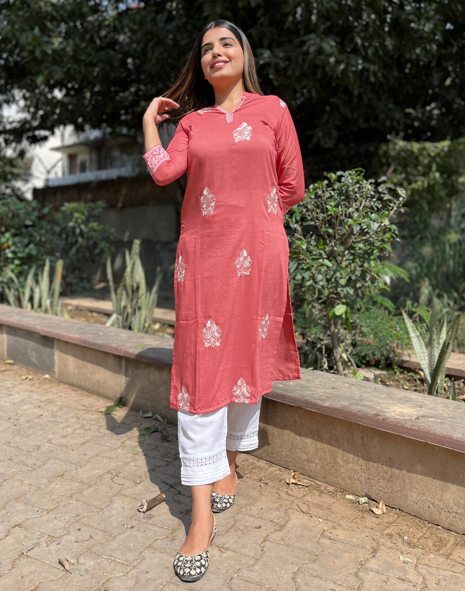 Coral Pink Embroidered Kurti | Sudathi