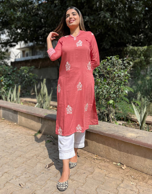 Coral Pink Embroidered Kurti | Sudathi