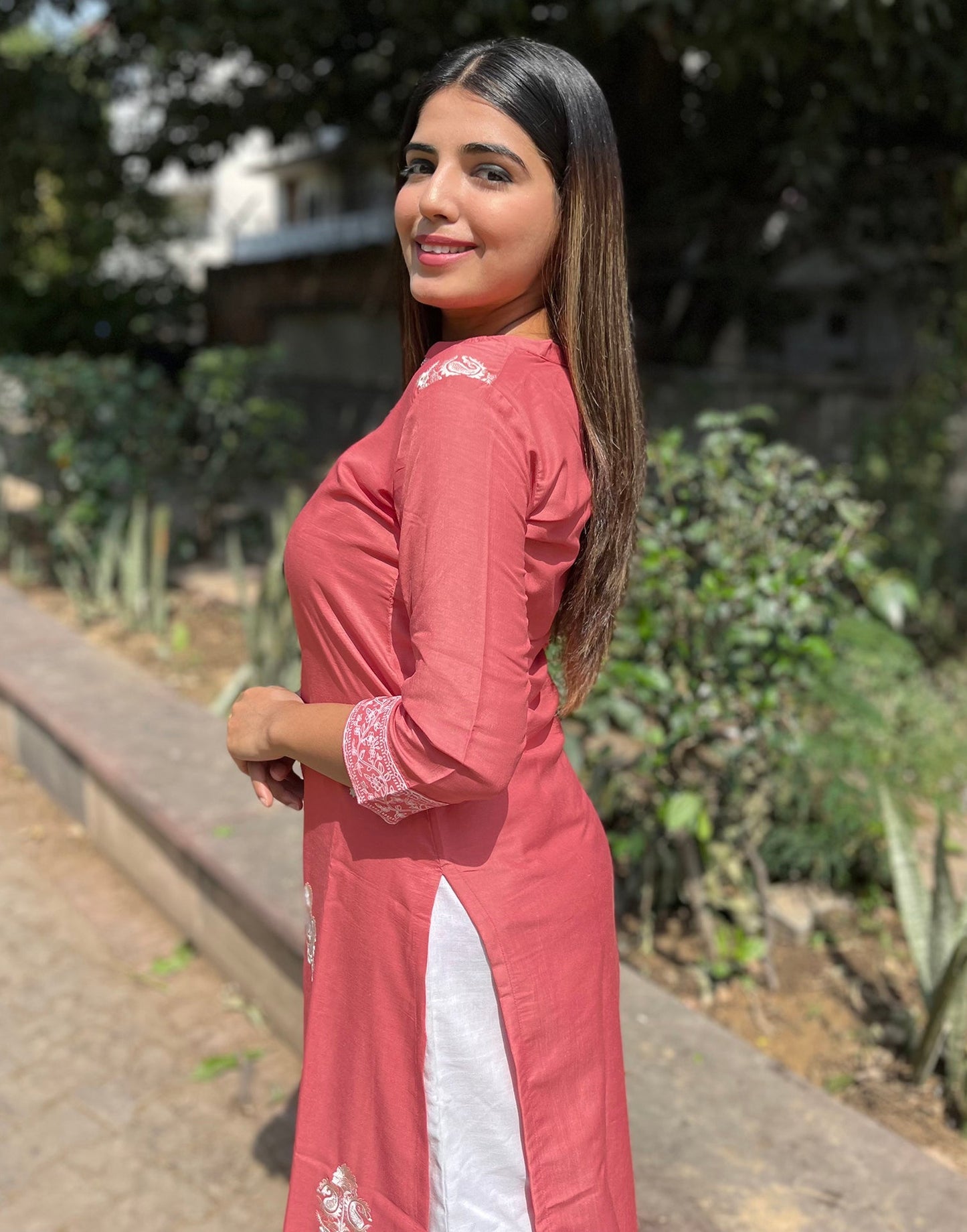 Coral Pink Embroidered Kurti | Sudathi