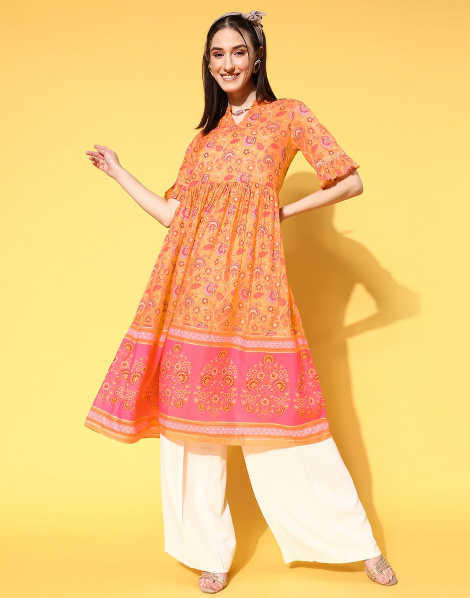 Orange Flared Kurti | Leemboodi