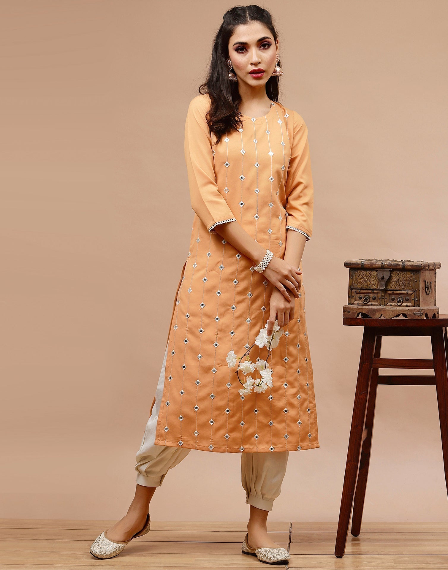 Peach Embroidered Kurti | Leemboodi