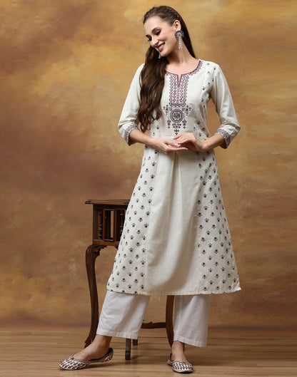 Off White Plain Cotton A-Line Kurta