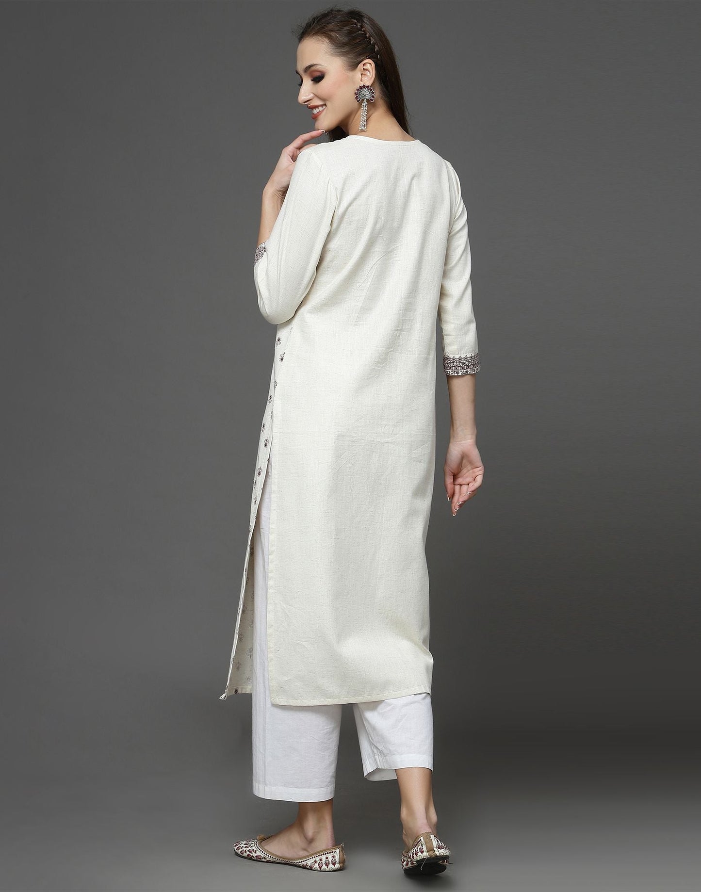 Off White Plain Cotton A-Line Kurta