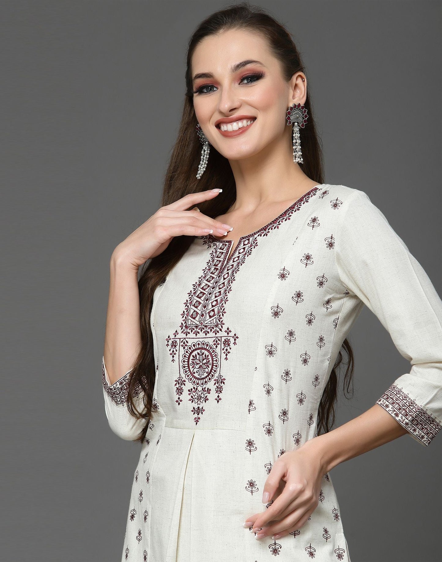 Off White Plain Cotton A-Line Kurta