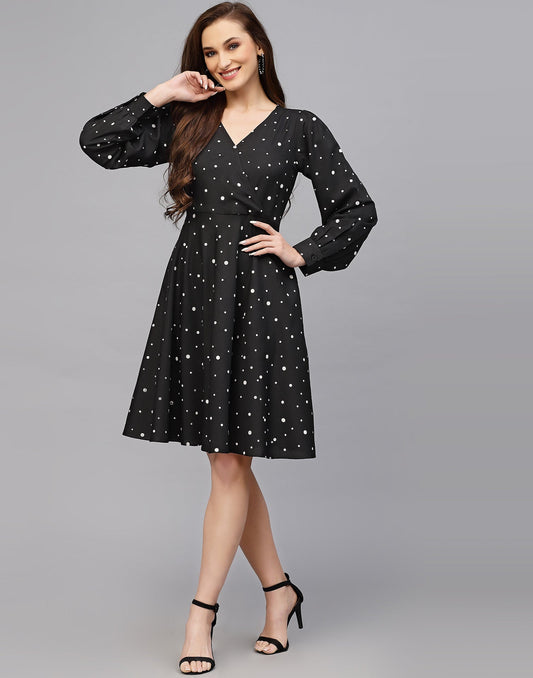 Black Polyester Flared Dress | Leemboodi