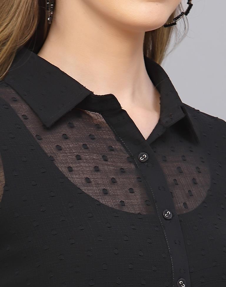 Black Roto Butti Self Woven Shirt | Sudathi