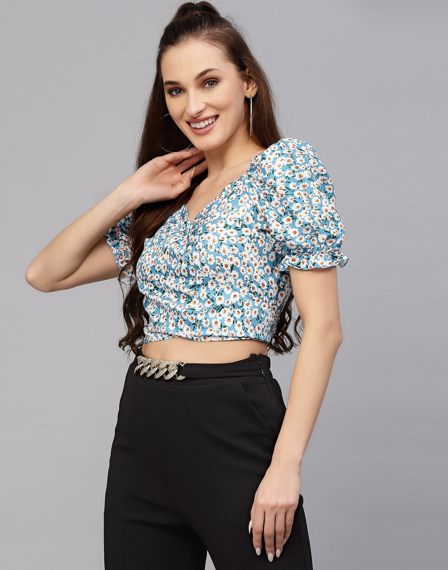 Sky Blue Polyester Floral Top | Leemboodi