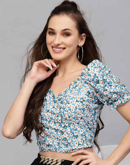 Sky Blue Polyester Floral Top | Leemboodi