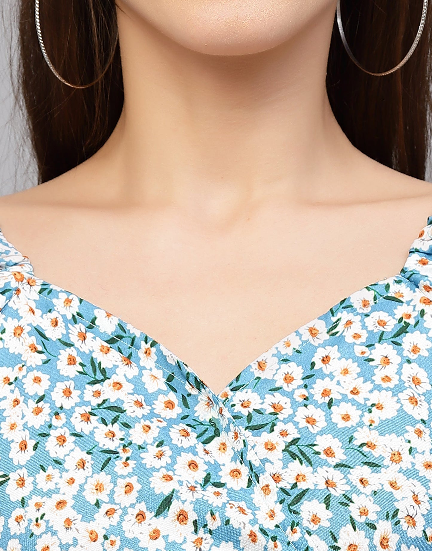 Sky Blue Polyester Floral Top | Leemboodi