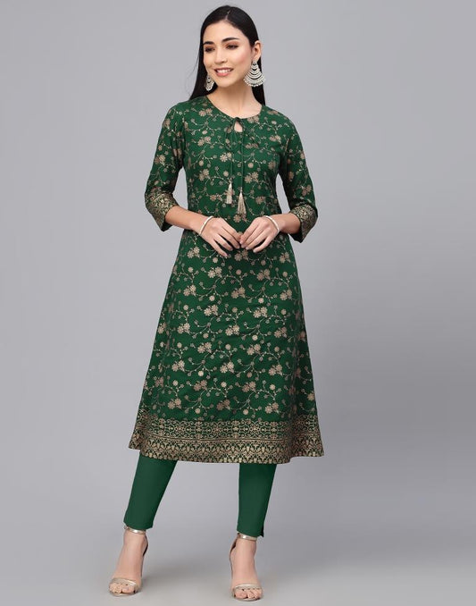 Dark Green Foil Printed A-Line Kurti | Leemboodi