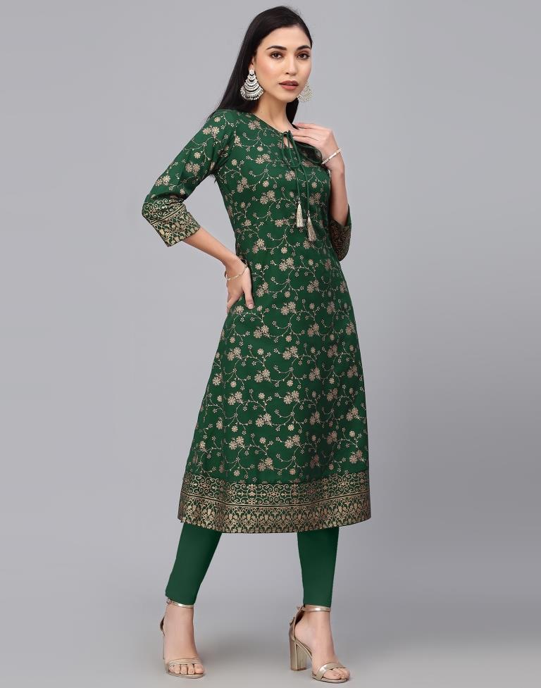 Dark Green Foil Printed A-Line Kurti | Leemboodi