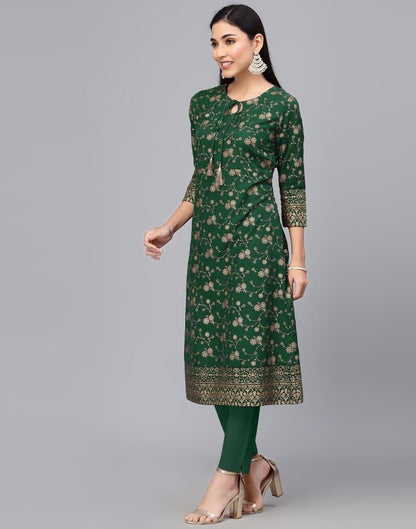 Dark Green Foil Printed A-Line Kurti | Leemboodi