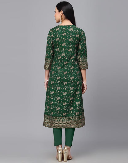 Dark Green Foil Printed A-Line Kurti | Leemboodi