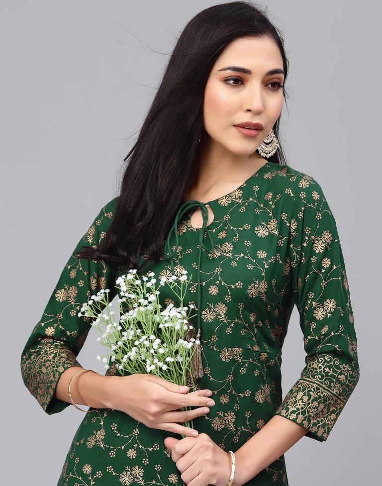 Dark Green Foil Printed A-Line Kurti | Leemboodi