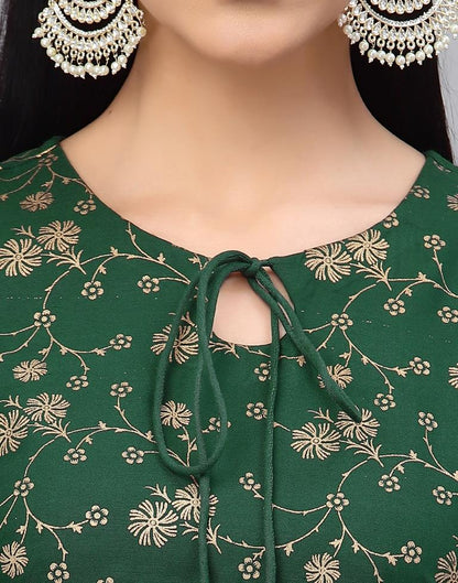 Dark Green Foil Printed A-Line Kurti | Leemboodi