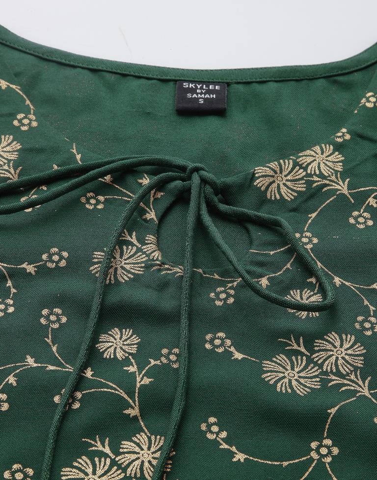 Dark Green Foil Printed A-Line Kurti | Leemboodi