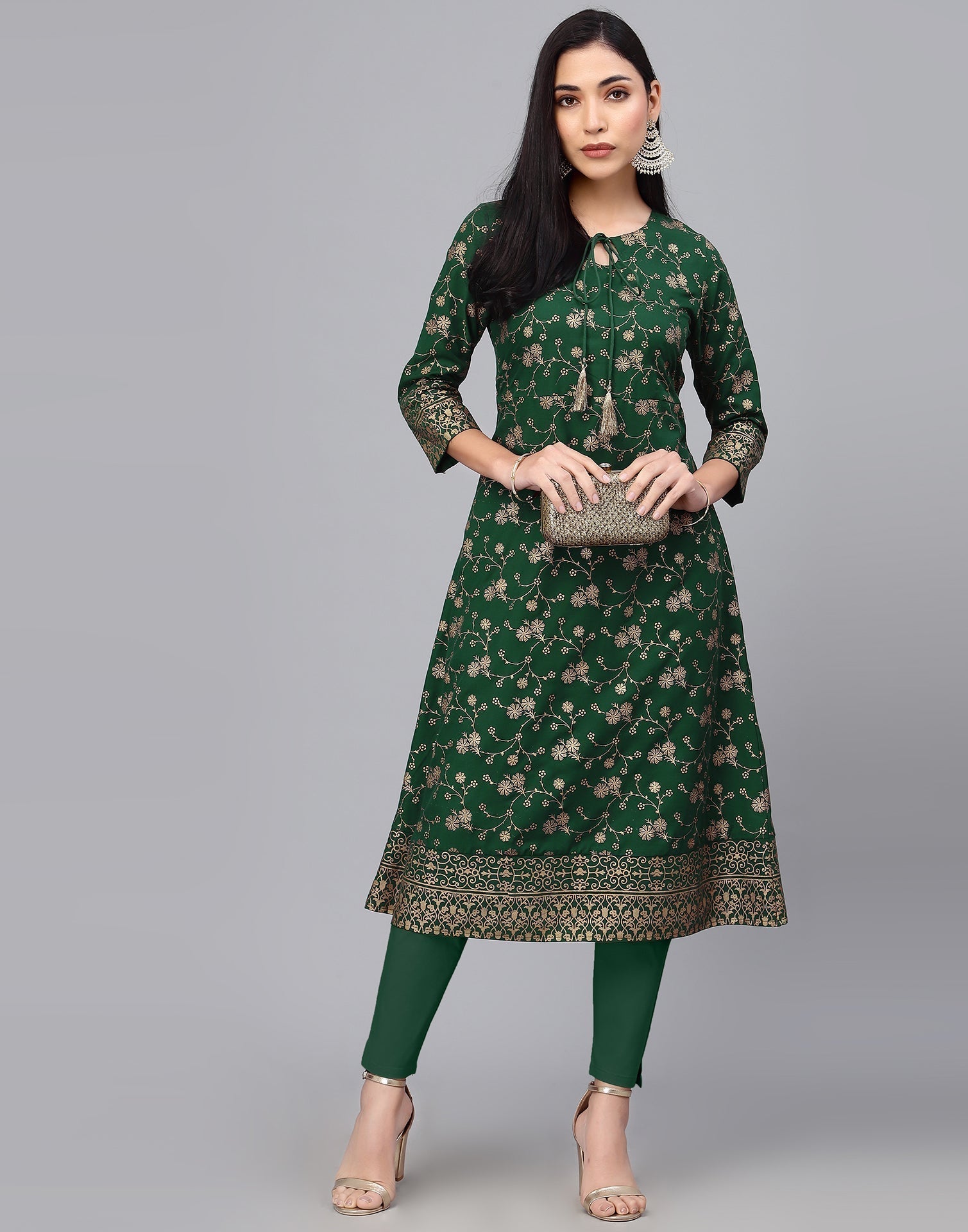 Dark Green Foil Printed A-Line Kurti | Leemboodi