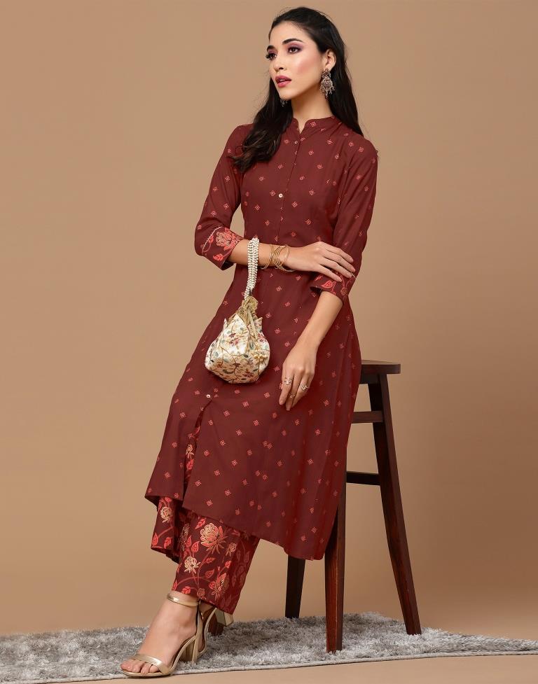 Maroon Printed Rayon A-Line Kurta Set