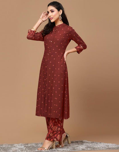 Maroon Printed Rayon A-Line Kurta Set