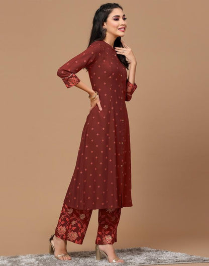 Maroon Printed Rayon A-Line Kurta Set