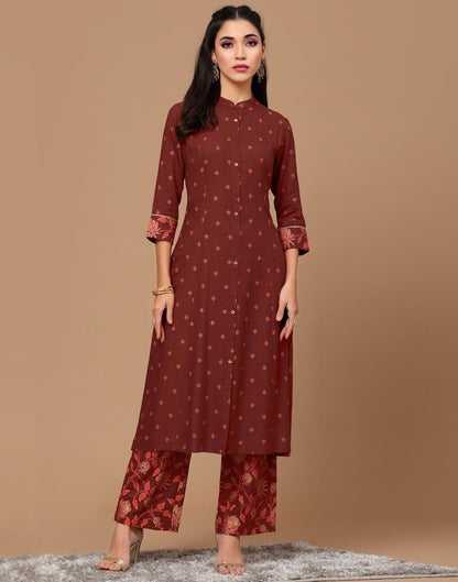 Maroon Printed Rayon A-Line Kurta Set