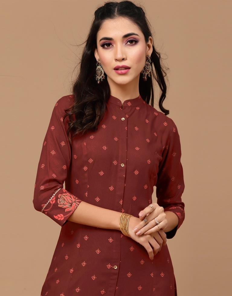 Maroon Printed Rayon A-Line Kurta Set