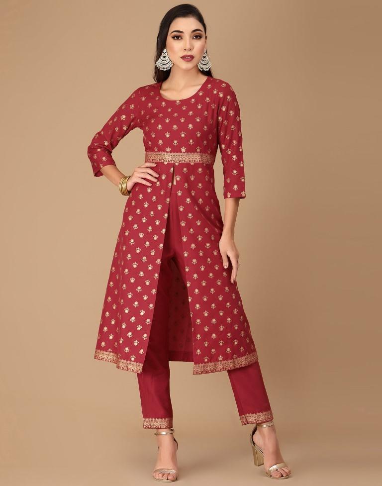 Red Printed A-Line Kurta With Pant