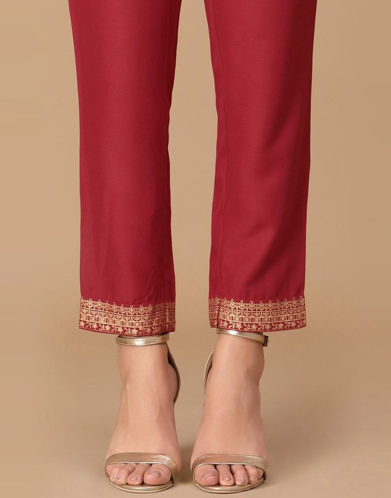 Red Printed A-Line Kurta With Pant