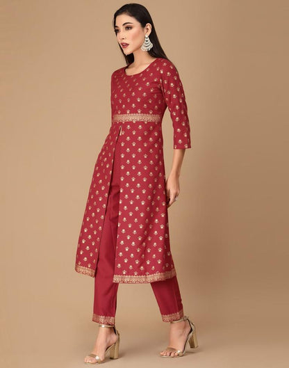 Red Printed A-Line Kurta With Pant