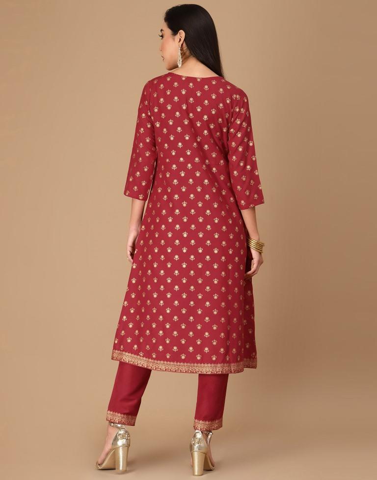 Red Printed A-Line Kurta With Pant