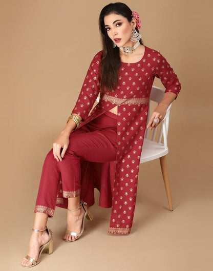 Red Printed A-Line Kurta With Pant