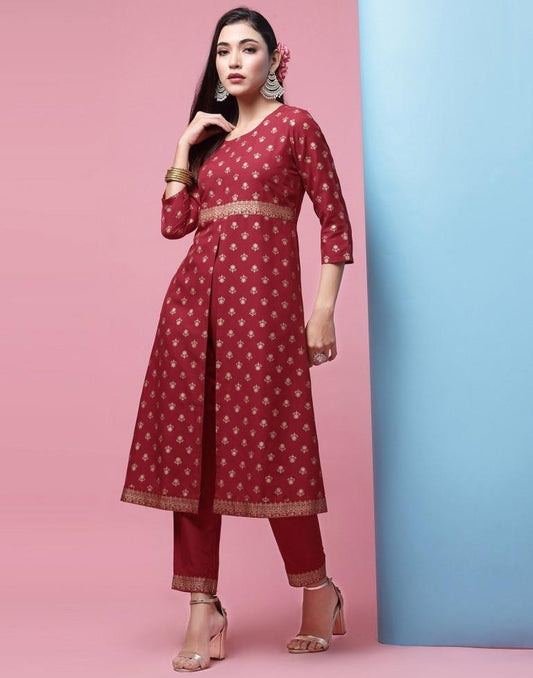 Red Printed A-Line Kurta With Pant