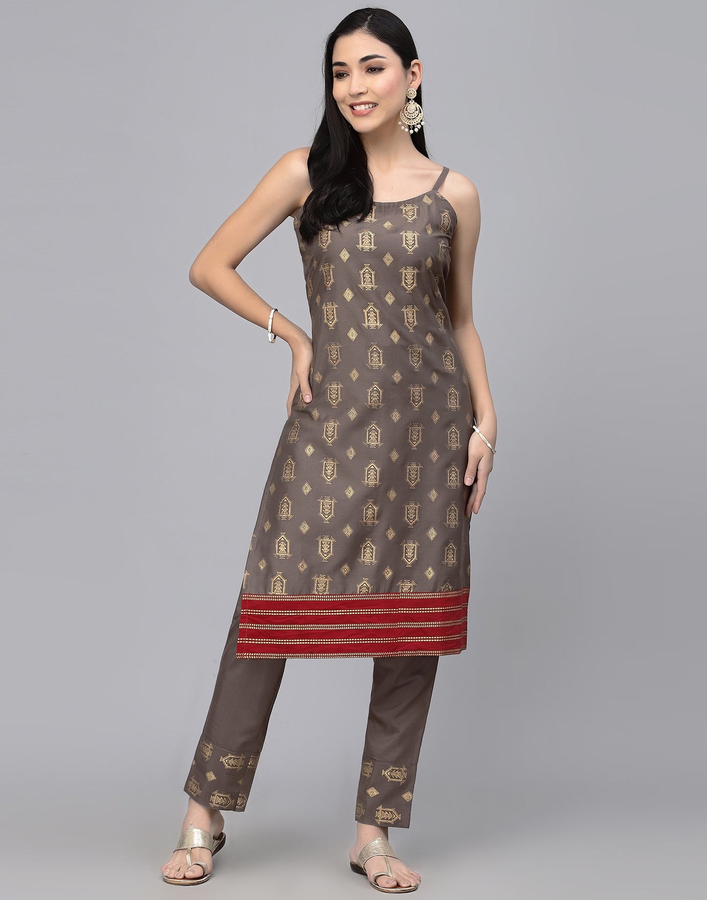 Brown Striped Kurta With Pant Set | Leemboodi