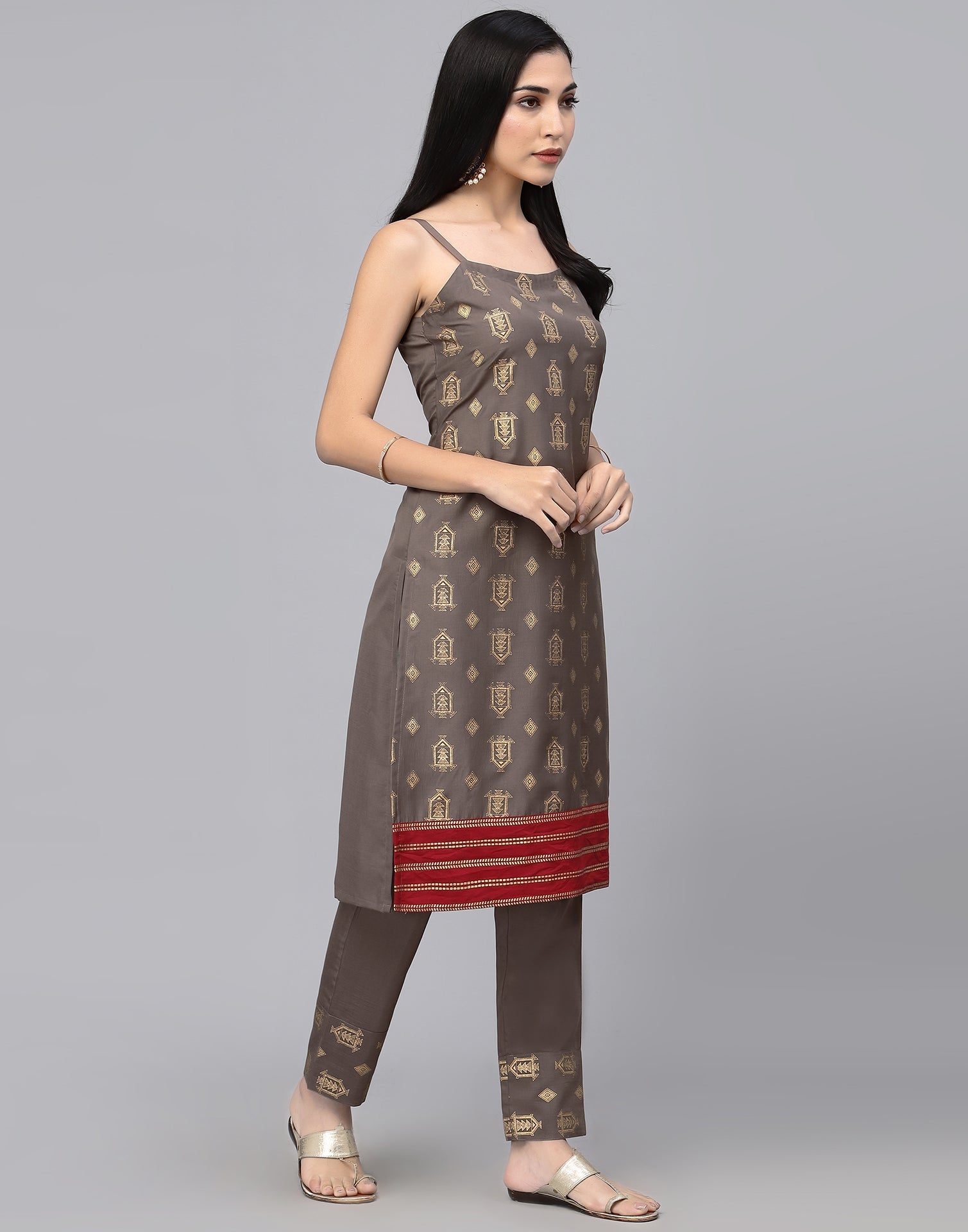 Brown Striped Kurta With Pant Set | Leemboodi