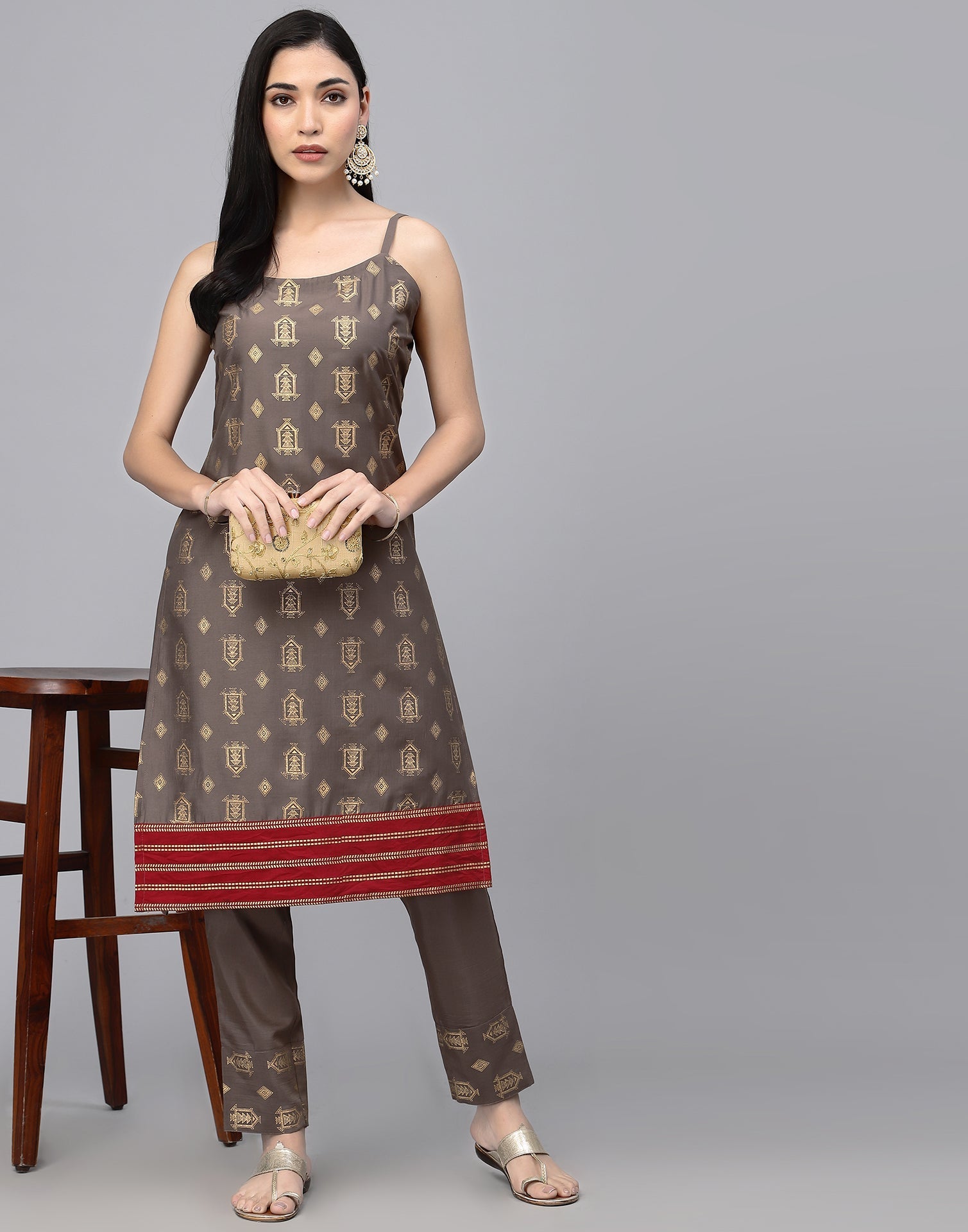 Brown Striped Kurta With Pant Set | Leemboodi