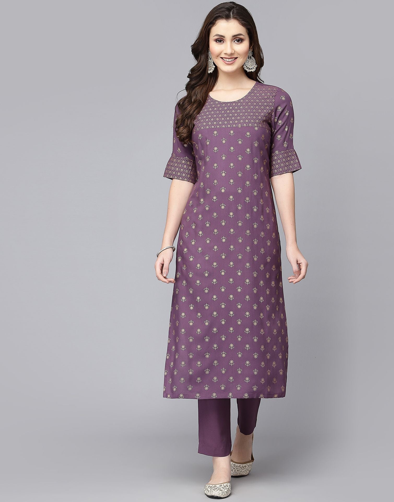 Lavender Printed Kurti With Pant Set | Leemboodi