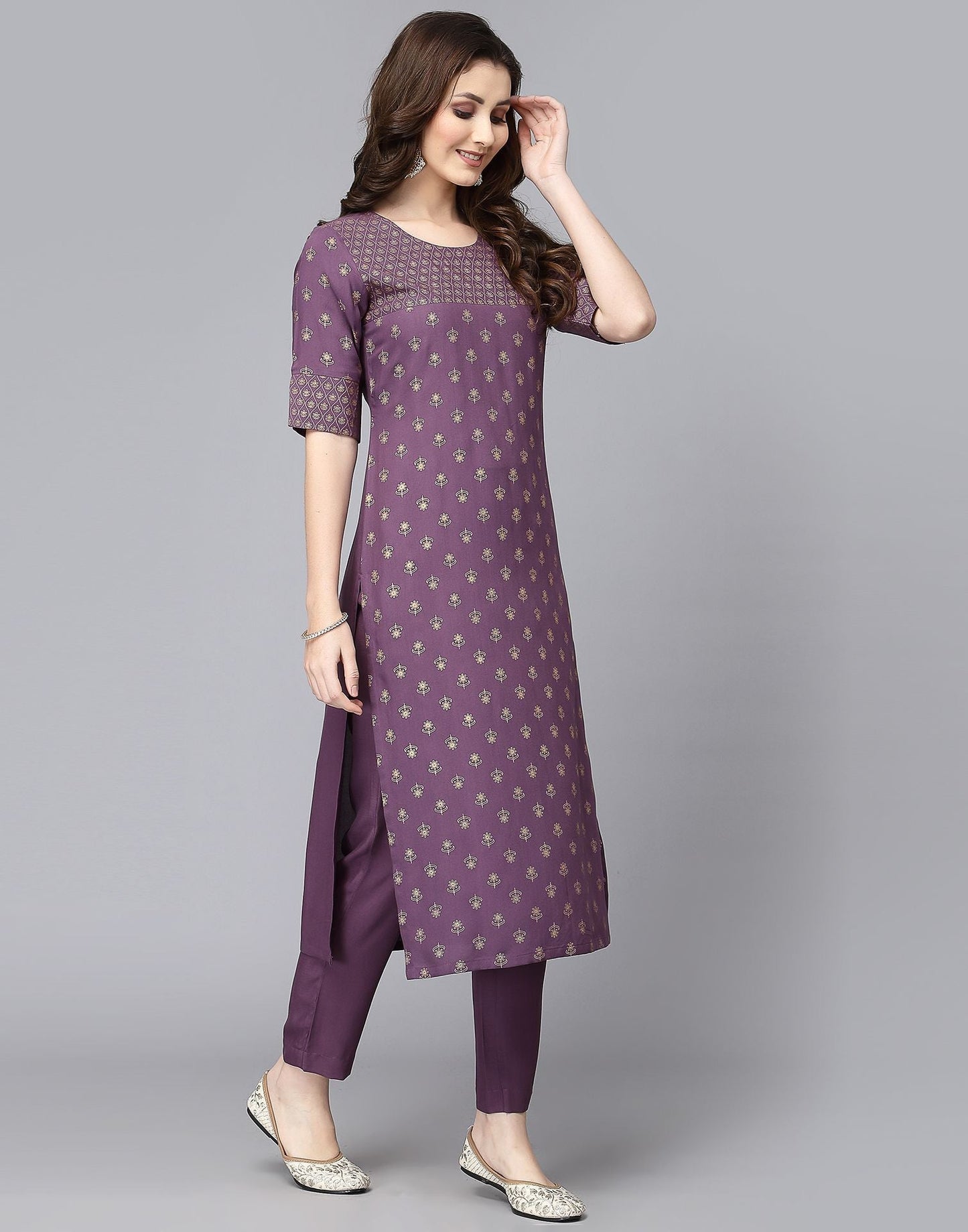 Lavender Printed Kurti With Pant Set | Leemboodi