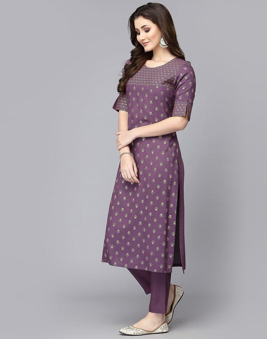 Lavender Printed Kurti With Pant Set | Leemboodi