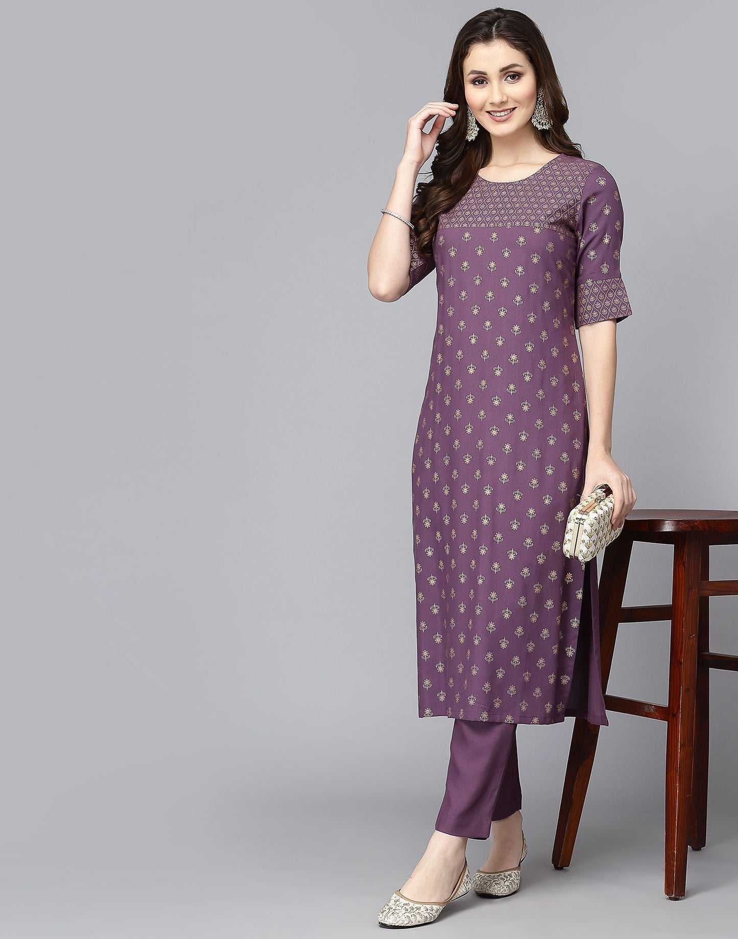 Lavender Printed Kurti With Pant Set | Leemboodi