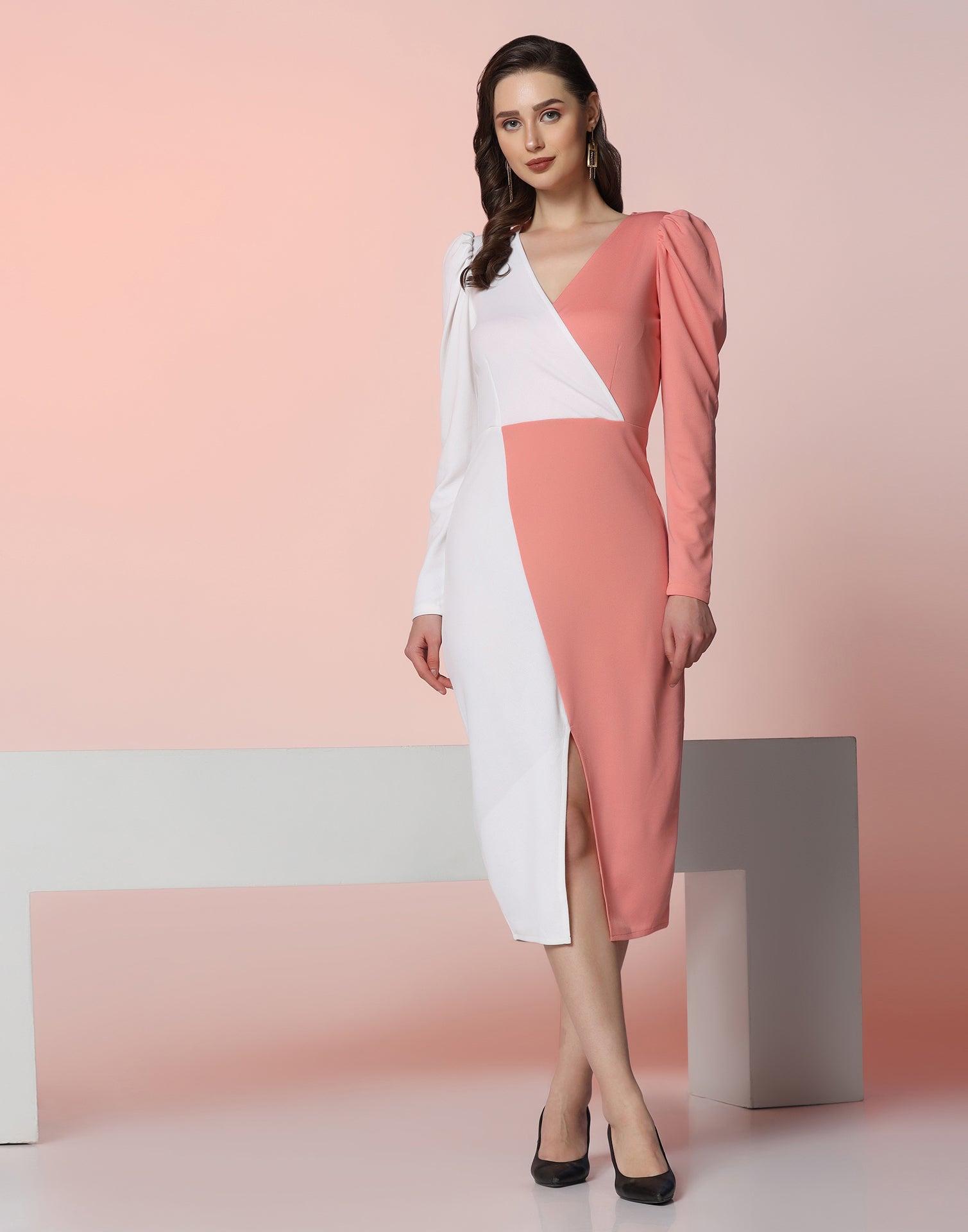 White & Peach Lycra Color block  Dress | Leemboodi