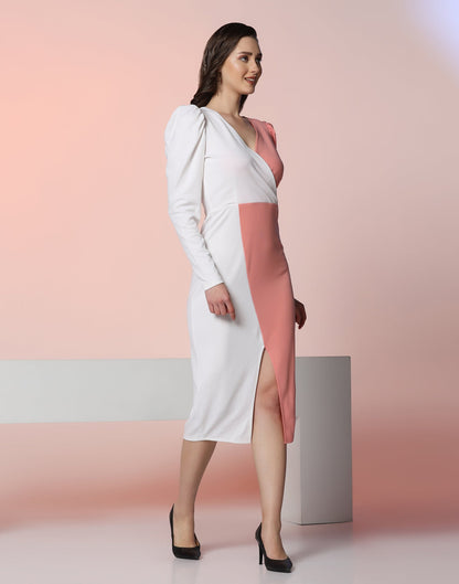 White & Peach Lycra Color block  Dress | Leemboodi