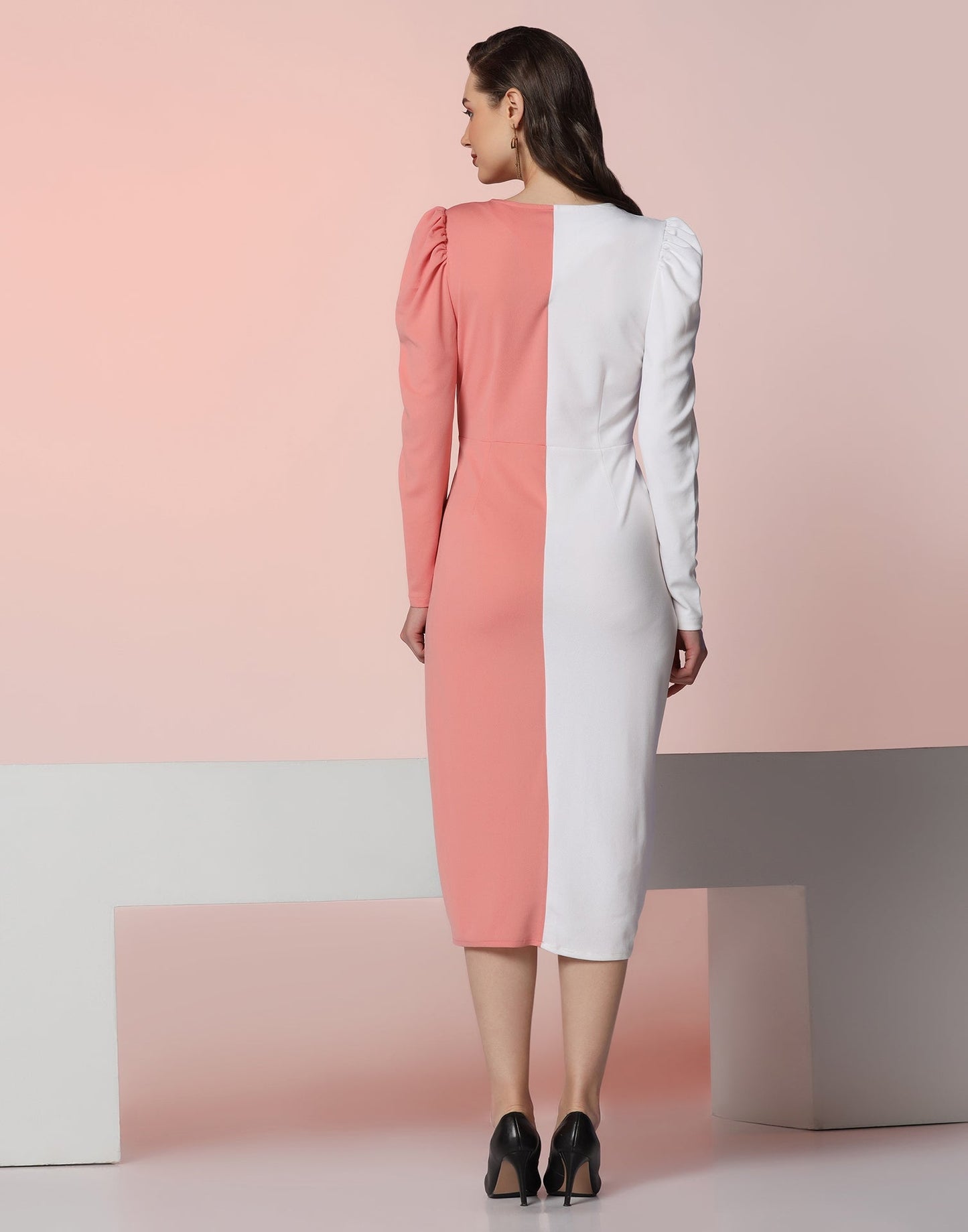 White & Peach Lycra Color block  Dress | Leemboodi