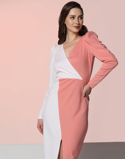 White & Peach Lycra Color block  Dress | Leemboodi