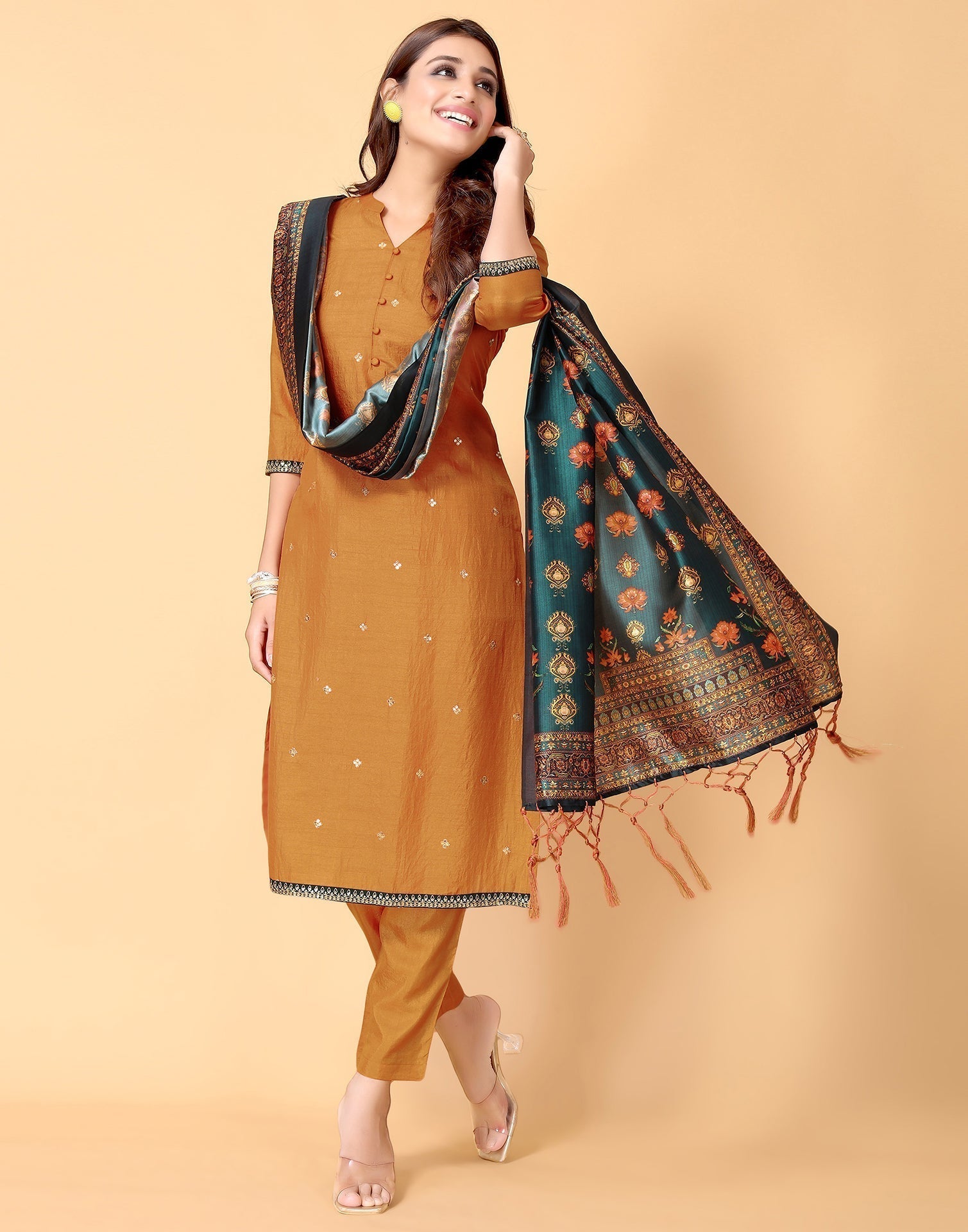 Dark Mustared Kurti With Pant And Dupatta | Leemboodi