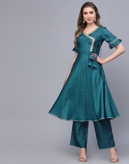 Teal Angarkha style Kurta With Pant Set | Leemboodi