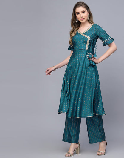 Teal Angarkha style Kurta With Pant Set | Leemboodi