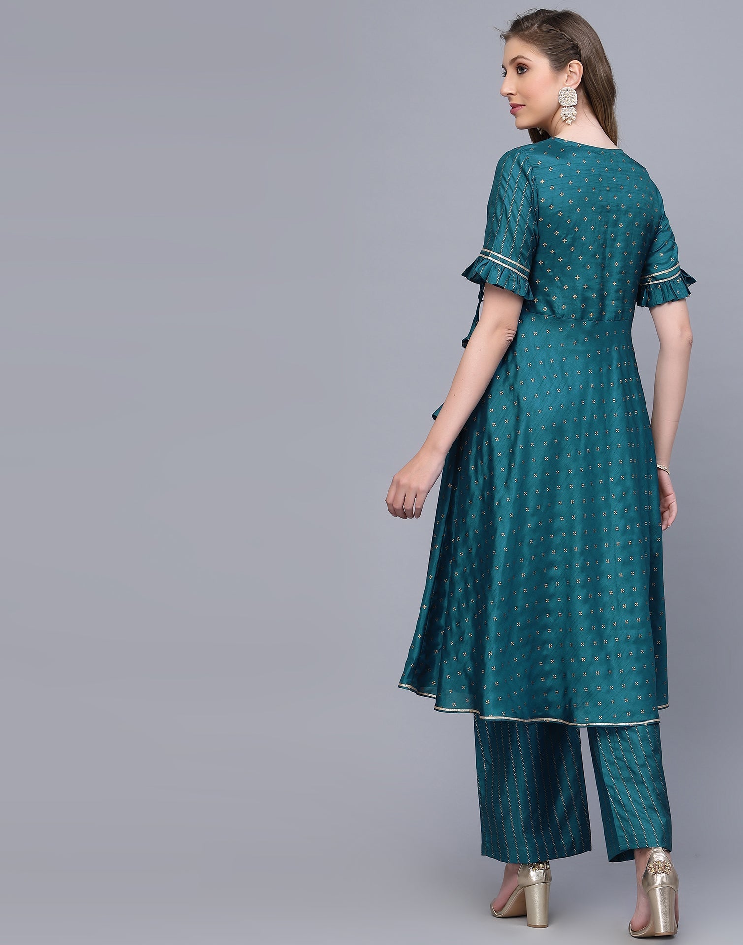 Teal Angarkha style Kurta With Pant Set | Leemboodi